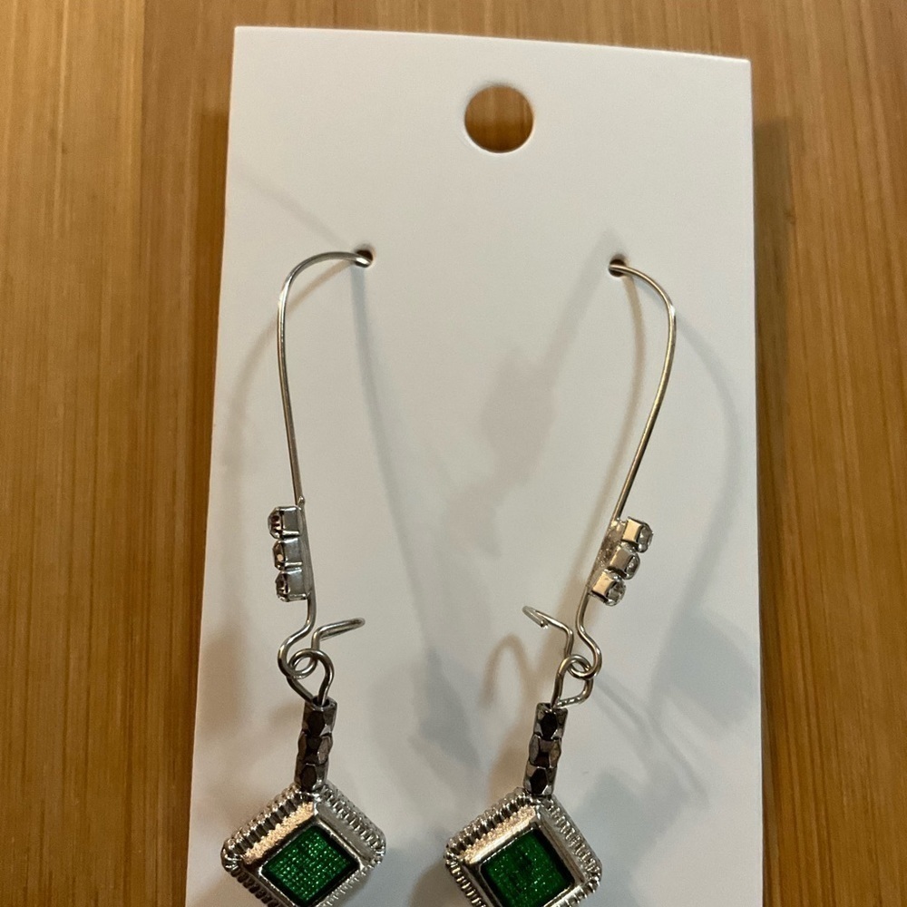 Hand Crafted Earrings Green Enamel Charm on Fish Hook with Rhinestones - Picture 4 of 6